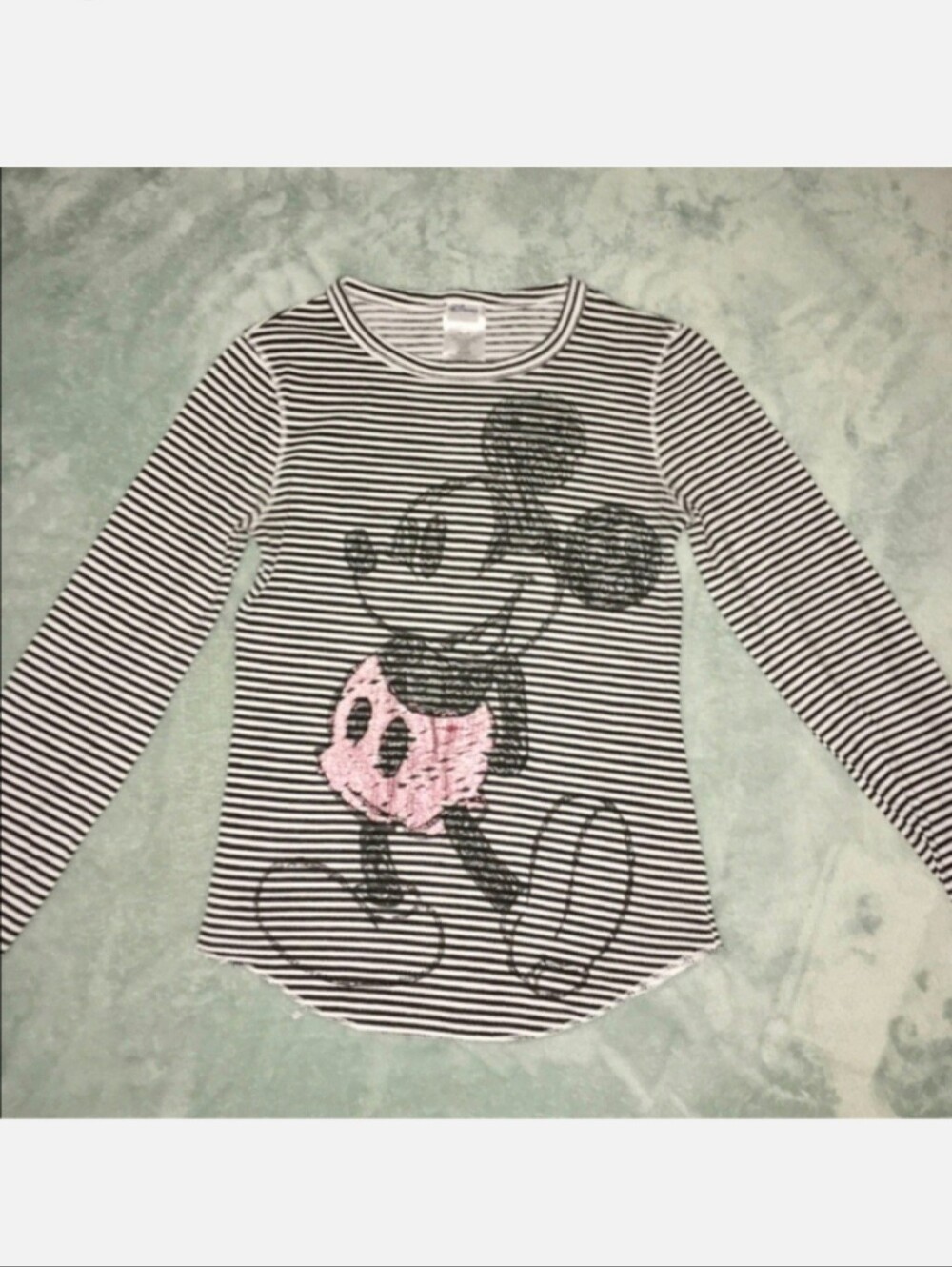 Disney Micky Mouse Top Waffle Knit Black White Striped Girls Size Medium Shirt - Picture 7 of 9